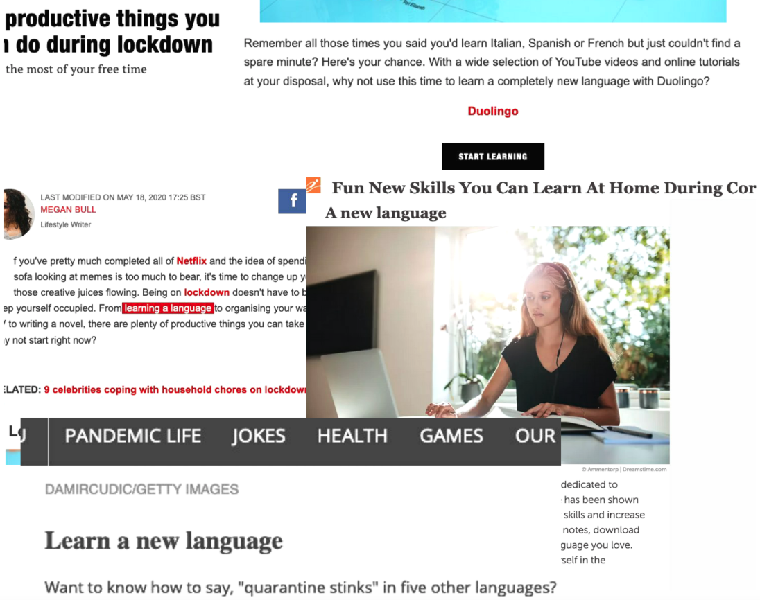 various headlines suggesting language learning during lockdown