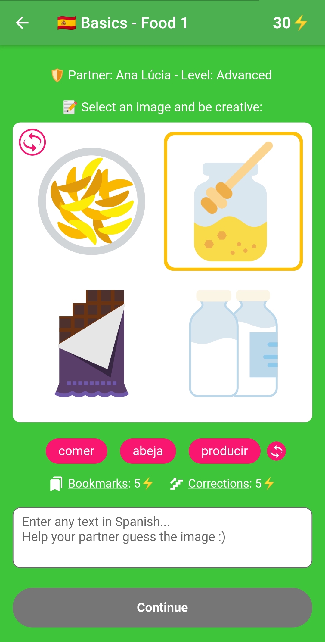screenshot of first round of game showing 4 images: potatoes, two bottles of milk, a chocolate bar, and a pot of honey, which is selected.